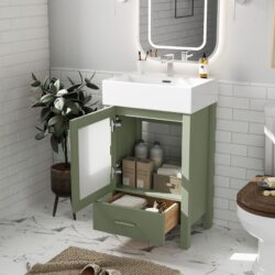 Bathroom Vanity With Ceramic Sink And Ample Storage, Ideal For Small Bathrooms - Green