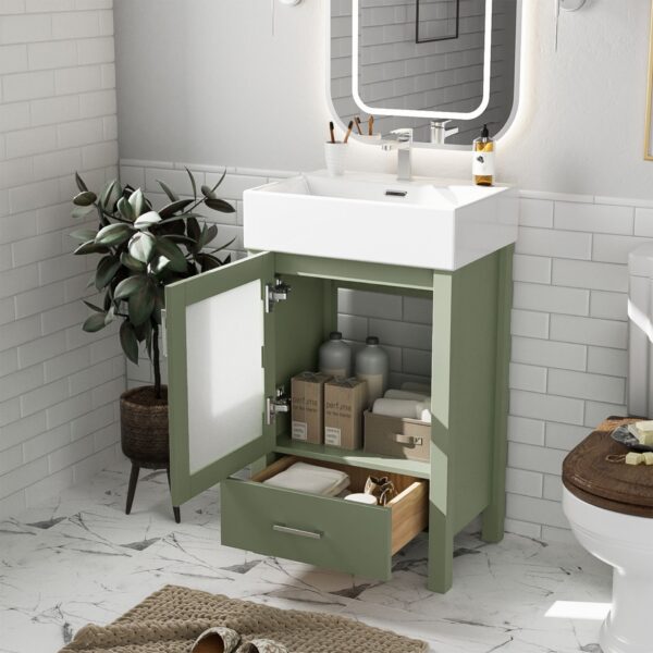 Bathroom Vanity With Ceramic Sink And Ample Storage, Ideal For Small Bathrooms - Green