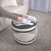 Diamond - Handcrafted Fabric Cylindrical Pouf - White / Dark Blue - Image 2