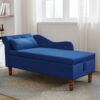 Chaise Lounge Indoor, Velvet Lounge Chair For Bedroom With Storage & Pillow, Modern Upholstered Rolled Arm Chase Lounge For Sleeping With Nailhead Trim For Living Room Bedroom Office - Navy Blue - Image 2