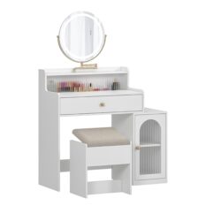 White Vanity Desk With 360° Rotated Mirror And Adjustable Lights, Girls Makeup Vanity Table With Storage Chair And Side Cabinet - Antique White