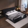 King Size Upholstered Platform Bed With Special Shaped Velvet Headboard, Metal & Solid Wood Frame - Black - Image 2