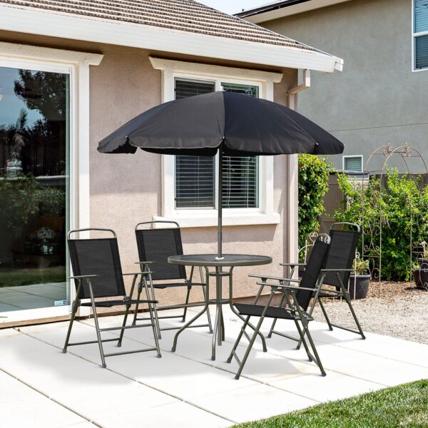 Outsunny - 6 Piece Patio Dining Set For 4 With Umbrella, Outdoor Table And Chairs With 4 Folding Dining Chairs & Round Glass Table For Garden, Backyard And Poolside - Black