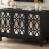 Modern Mirrored TV Stand For TV Up To 55", Entertainment Center Solid Wood Legs, Metal Handle And 3 Adjustable Shelves For Living Room - Black - Image 6