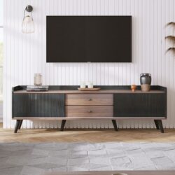 Mid Century TV Stand With 2 Cabinets & Open Compartments, Entertainment Center For Tvs Up To 70'', Television Console For Living Room - Dark Coffee / Black