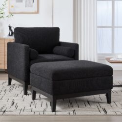 Farmhouse Upholstered Accent Chair With Ottoman Wood Base, Reversible Lid Coffee Table For Living Room Or Office - Black