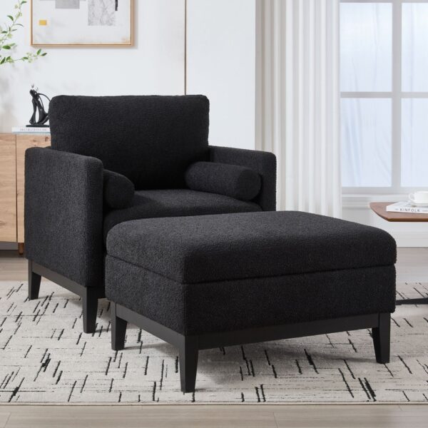 Farmhouse Upholstered Accent Chair With Ottoman Wood Base, Reversible Lid Coffee Table For Living Room Or Office - Black
