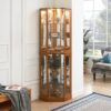 6 Shelf Corner Curio Display Cabinet With Lights, Mirrors And Adjustable Shelves (E26 Light Bulb Not Included) - Oak - Image 3