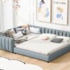 Queen & Twin Long Size Upholstered Platform Bed, Mother & Child Bed - Gray - Image 19