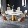 Round Stone Burning Table, Modern Marble Dining Table With 6 Chairs - Gold / White - Image 13