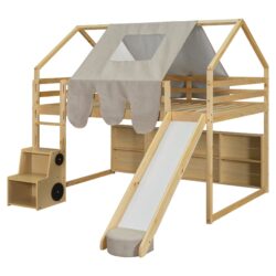 Full Size Loft Bed House Shaped Frame With Tent - Natural / Beige
