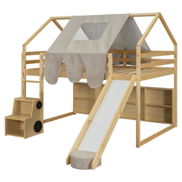 Full Size Loft Bed House Shaped Frame With Tent - Natural / Beige