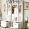 5 In 1 Entryway Bench With Coat Rack, 7 Sturdy Hooks, 2 Spacious Drawers And Adjustable Shelves, Wide Hall Tree With Metal Handles For Hallway - White - Image 10