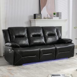 3 Seater Home Theater Recliner Manual Recliner Chair With A Led Light Strip Two Built-In Cup Holders For Living Room - Black