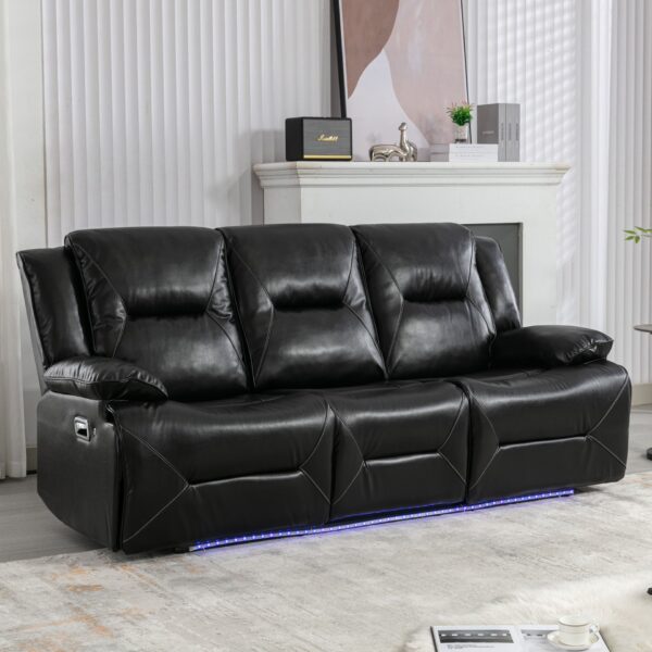 3 Seater Home Theater Recliner Manual Recliner Chair With A Led Light Strip Two Built-In Cup Holders For Living Room - Black