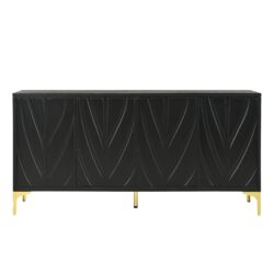 Modern Sideboard Buffet Cabinet With Handleless Press To Open Design, Carved Credenza Storage Cabinet With 4 Doors Construction - Black