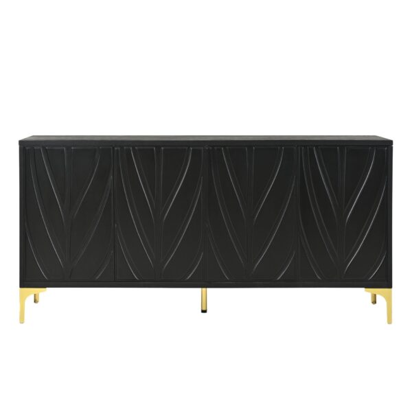 Modern Sideboard Buffet Cabinet With Handleless Press To Open Design, Carved Credenza Storage Cabinet With 4 Doors Construction - Black
