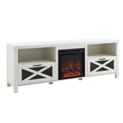 Industrial Farmhouse Metal Mesh Drop Down X Door 70" Fireplace TV Stand For 80" TVs - Brushed White