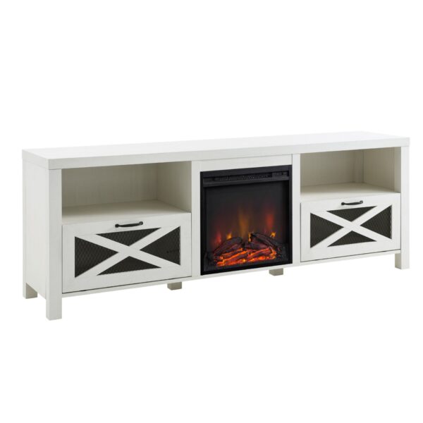 Industrial Farmhouse Metal Mesh Drop Down X Door 70" Fireplace TV Stand For 80" TVs - Brushed White
