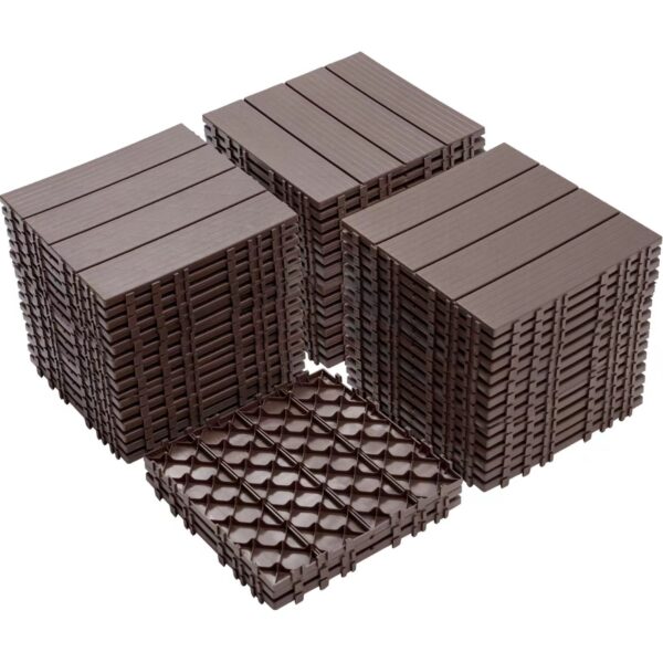Plastic Interlocking Deck Tiles, (Set of 44), Patio Flooring Outdoor Waterproof All Weather Use For Garden Poolside Front / Back Yard - Light Coffee Color