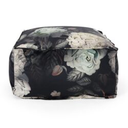 Hazel - Large Square Pouf, Versatile Ottoman Or Floor Cushion, Flower Print - Black