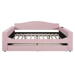 Full Size Upholstered Daybed With Storage Armrests, Trundle And Latest Integrated Bluetooth Audio System, Teddy Fleece - Pink