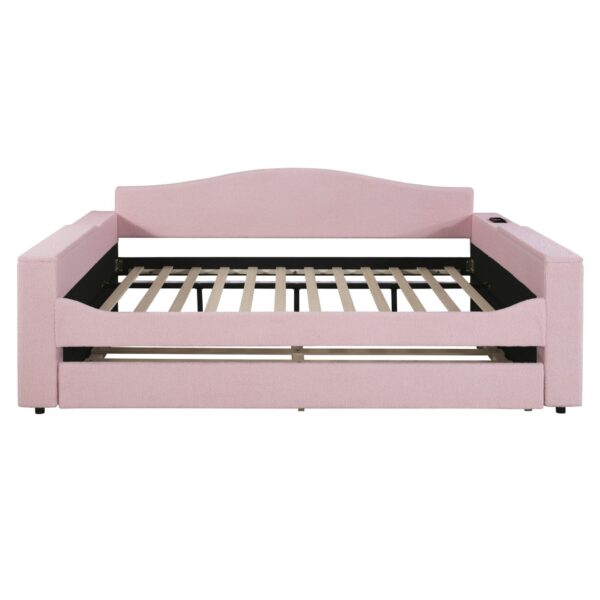 Full Size Upholstered Daybed With Storage Armrests, Trundle And Latest Integrated Bluetooth Audio System, Teddy Fleece - Pink
