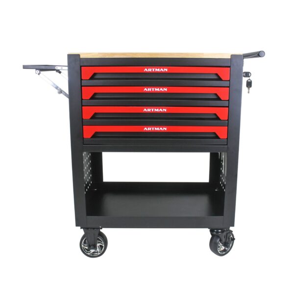 4 Drawers Multifunctional Tool Cart With Wheels And Wooden Top - Black / Red