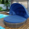 Outdoor Rattan Daybed Sunbed With Retractable Canopy Wicker Furniture, Round Outdoor Sectional Sofa Set - Gray Wicker Furniture Clamshell Seating With Washable Cushions, Backyard, Porch - Blue - Image 2