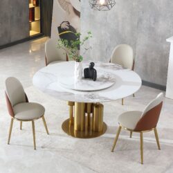 Round Modern Marble Dining Table With 4 Chairs - Golden White