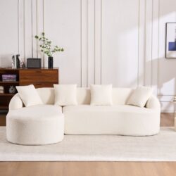 Compression Sofa: Combining Chaise Longue With 3 Seater, Wood Grain Chenille Fabric, Full Sponge Compression Sofa, Combined Sofa With 4 Pillows For Living / Home Furniture / Apartment - White