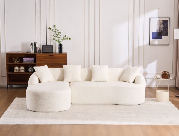 Compression Sofa: Combining Chaise Longue With 3 Seater, Wood Grain Chenille Fabric, Full Sponge Compression Sofa, Combined Sofa With 4 Pillows For Living / Home Furniture / Apartment - White