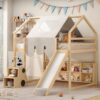 Full Size Loft Bed House Shaped Frame With Tent - Natural / Beige - Image 18