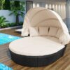 Outdoor Rattan Daybed Sunbed With Retractable Canopy Wicker Furniture, Round Outdoor Sectional Sofa Set - Black Wicker Furniture Clamshell Seating With Washable Cushions, Backyard, Porch - Beige - Image 2