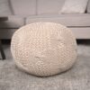Bordeaux - Knitted Cotton Round Pouf Ottoman Floor Cushion - Beige - Image 2