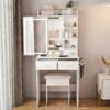 Space Saving Makeup Vanity Desk With Mirror & Adjustable Led Lights, Built-In Power Outlet, Hidden Storage, Includes Stool & Shelf - White - Image 4