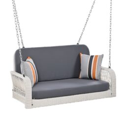 PE Wicker Porch Swing, 2 Seater Hanging Bench With Chains, Patio Furniture Swing For Backyard Garden Poolside - White / Gray