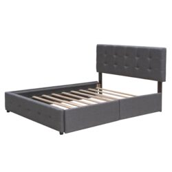 Queen Size Upholstered Platform Bed With 2 Drawers And 1 Twin Long Trundle - Dark Gray