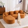 Compression Sofa: Combining Chaise Longue With 3 Seater, Wood Grain Chenille Fabric, Full Sponge Compression Sofa, Combined Sofa With 4 Pillows For Living / Home Furniture / Apartment - Orange - Image 2
