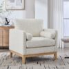 Wide Modern Farmhouse Performance Accent Chair With Natural Wood Legs, Wood Base Reading Armchair Single Sofa With 2 Bolster Pillows For Living Room Offices And Lounge - Ivory - Image 2