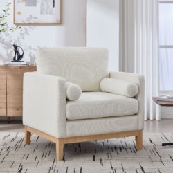 Wide Modern Farmhouse Performance Accent Chair With Natural Wood Legs, Wood Base Reading Armchair Single Sofa With 2 Bolster Pillows For Living Room Offices And Lounge - Ivory