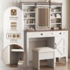 Farmhouse Makeup Vanity Desk With Sliding Mirror, LED Lights, And Storage Glass, Metal, And Wood Construction - White - Image 9