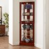 Corner Curio Dispaly Cabinet With Lights, Adjustable Tempered Glass Shelves, Mirrored Back (E26 Light Bulb Not Included) - Cherry - Image 5