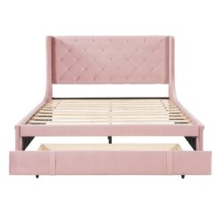 Queen Size Storage Upholstered Platform Bed With Wingback Headboard And A Big Drawer - Pink