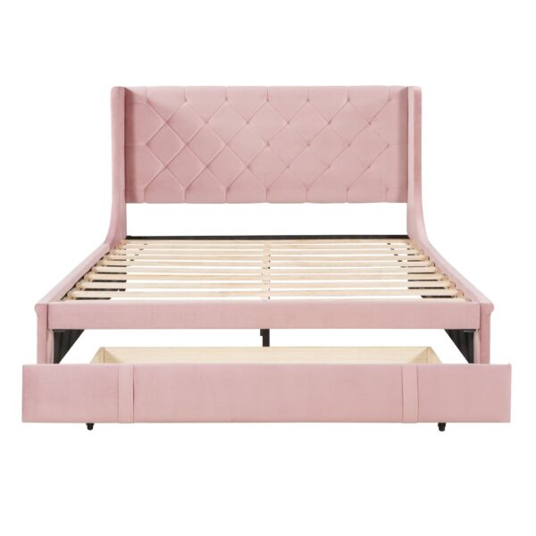 Queen Size Storage Upholstered Platform Bed With Wingback Headboard And A Big Drawer - Pink