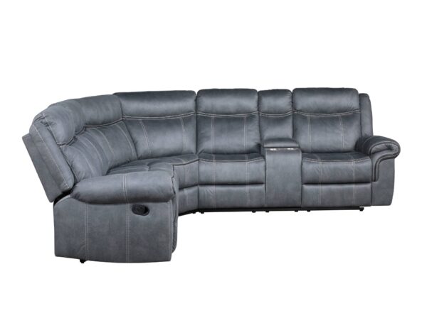 Dollum - Two Tone Nubuck Manual Recliner Sectional Sofa With USB Port Cupholder Console - Gray