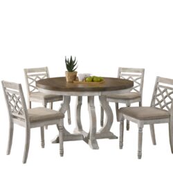 Havanna - 5 Piece Wide Contemporary Round Dining Table With Off White Fabric Chairs (Set of 5) - Vintage Walnut