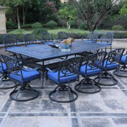 Rectangular 12 Person 108.07" Long Dining Set With Cushions With Swivel And Rocking Chairs - Gray / Navy