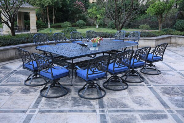 Rectangular 12 Person 108.07" Long Dining Set With Cushions With Swivel And Rocking Chairs - Gray / Navy