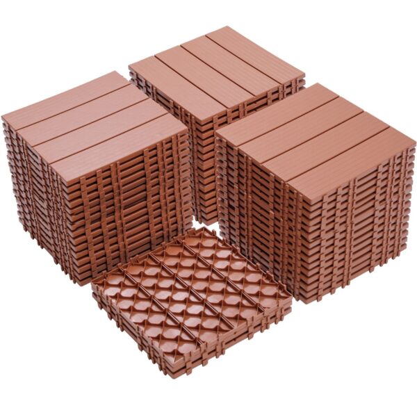 Plastic Interlocking Deck Tiles, (Set of 44), Patio Flooring Outdoor Waterproof All Weather Use For Garden Poolside Front / Back Yard - Mahogany